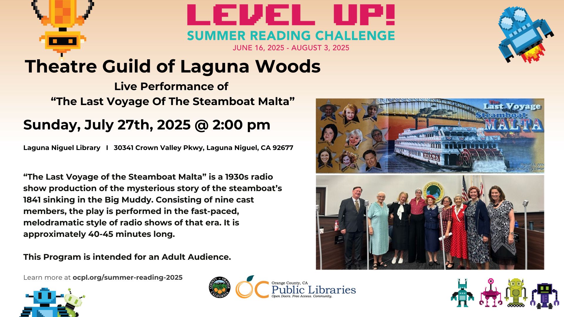 OC Public Library: Live Performance of “The Last Voyage of the Steamboat Malta” with The Theatre Guild of Laguna Woods