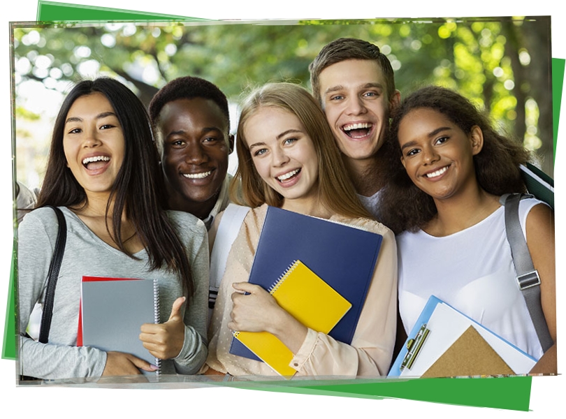 Group of ethnically diverse college kids walking to class